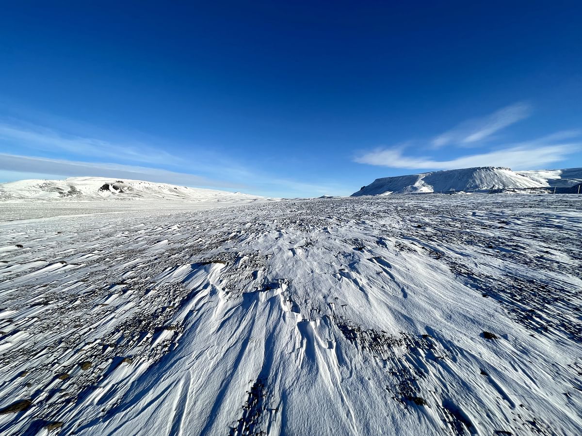 Expansive snowy landscape under a clear blue sky, emphasizing winter wilderness and open space.