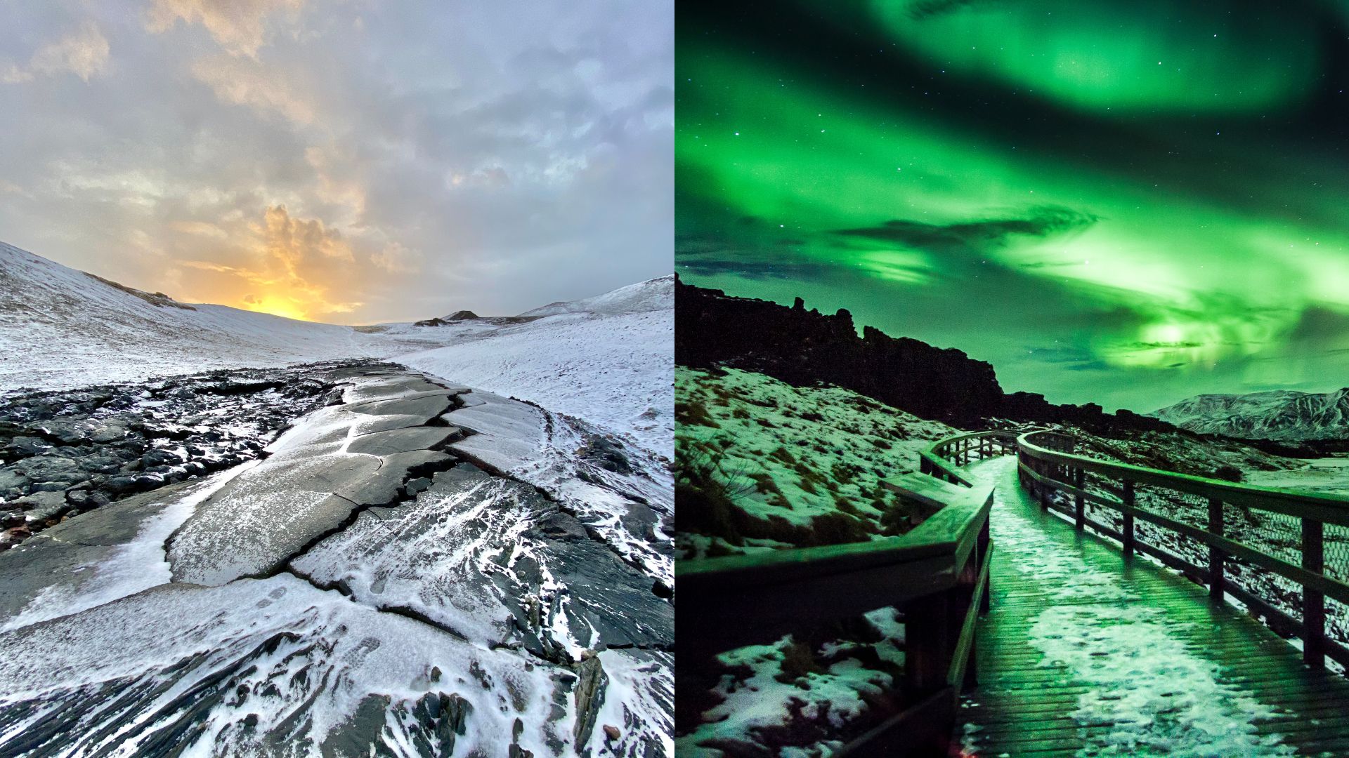 Snowy landscape at sunset and aurora borealis over a wooden path, showcasing natural beauty and scenic wonders.