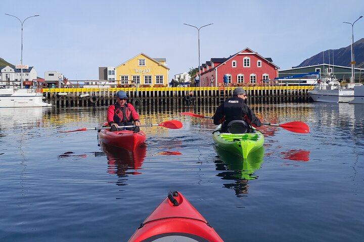 Kayakers paddling towards colorful waterfront buildings on a calm day, creating reflections in the water.