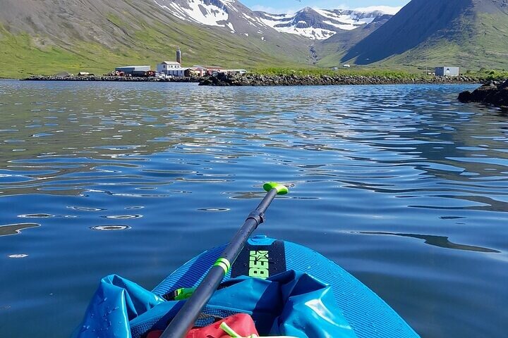 Kayaking on clear waters with stunning mountain scenery and a small coastal village in the background.