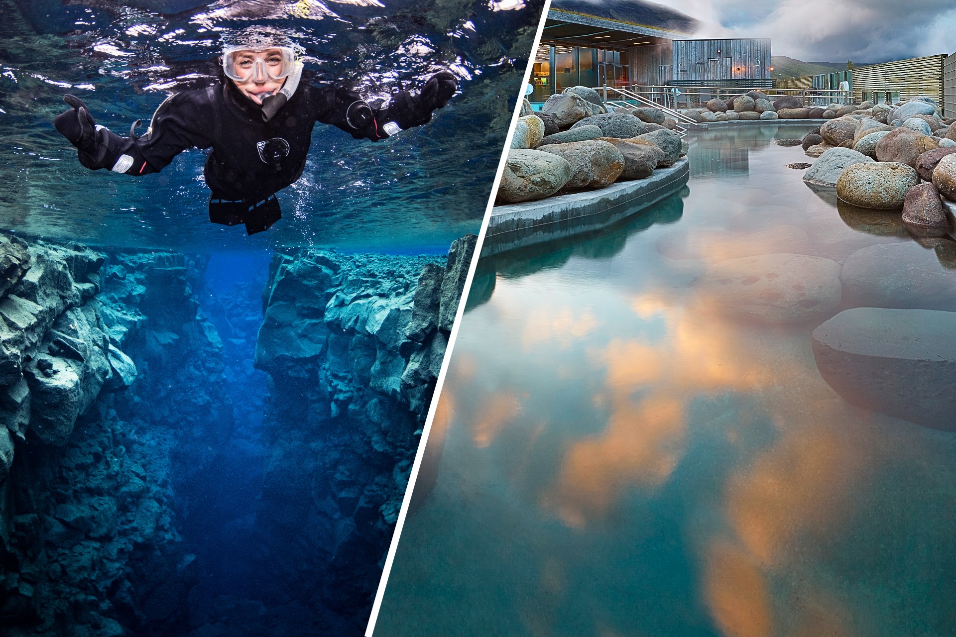 Diver in Silfra Fissure and geothermic spa. Crystal clear water, rock formations. Adventure and relaxation in nature.