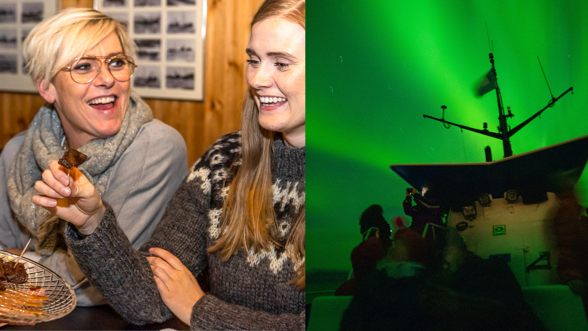 People enjoying a meal and viewing the Northern Lights from a ship's deck.