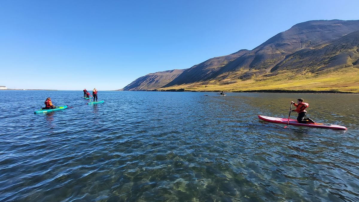 People paddleboarding on a clear day with mountains and a blue sky in the background.