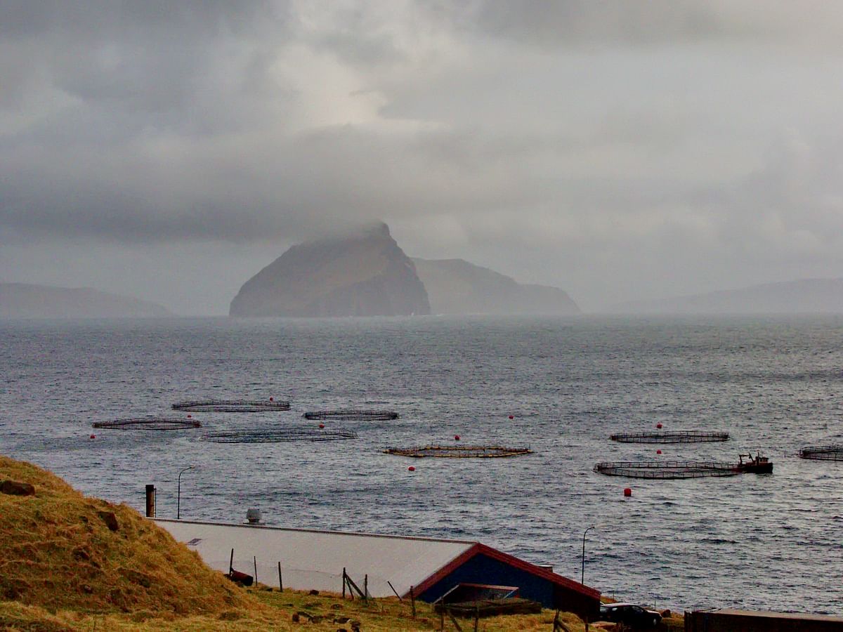 View of sea with fish farming cages and distant island under cloudy sky.