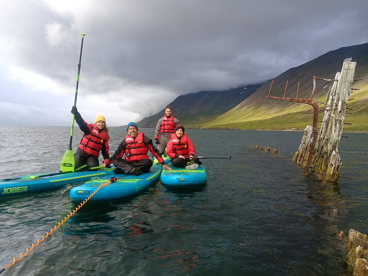 Group paddleboarding by a scenic fjord, wearing colorful gear, with mountains and cloudy sky in the background.