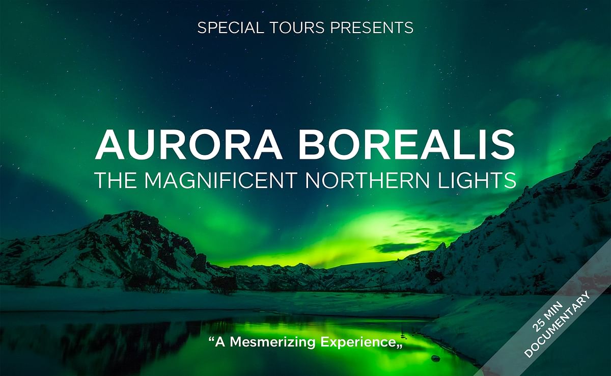 Aurora Borealis documentary cover with vibrant northern lights over snowy mountains, titled A Mesmerizing Experience.